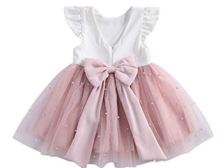 Vestido de Princesa para Bebé Niña Vestido Elegante de Encaje con Bowknot y Volantes Vestidos sin Mangas para Ceremonia Bautizo Boda Cumpleaños (Blanco-Rosa, 5-6 Años) Reacondicionado For Cheap