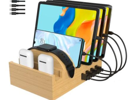 Estación de carga multidispositivo, Alltripal de bambú, 7 puertos, estación de carga USB, estación de carga para iPad, tablet y smartphone con 6 cables Reacondicionado Online